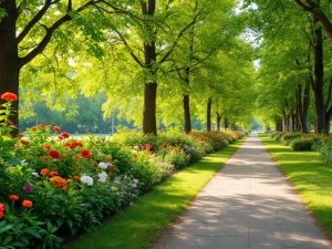 Parc verde cu flori și alei în București.