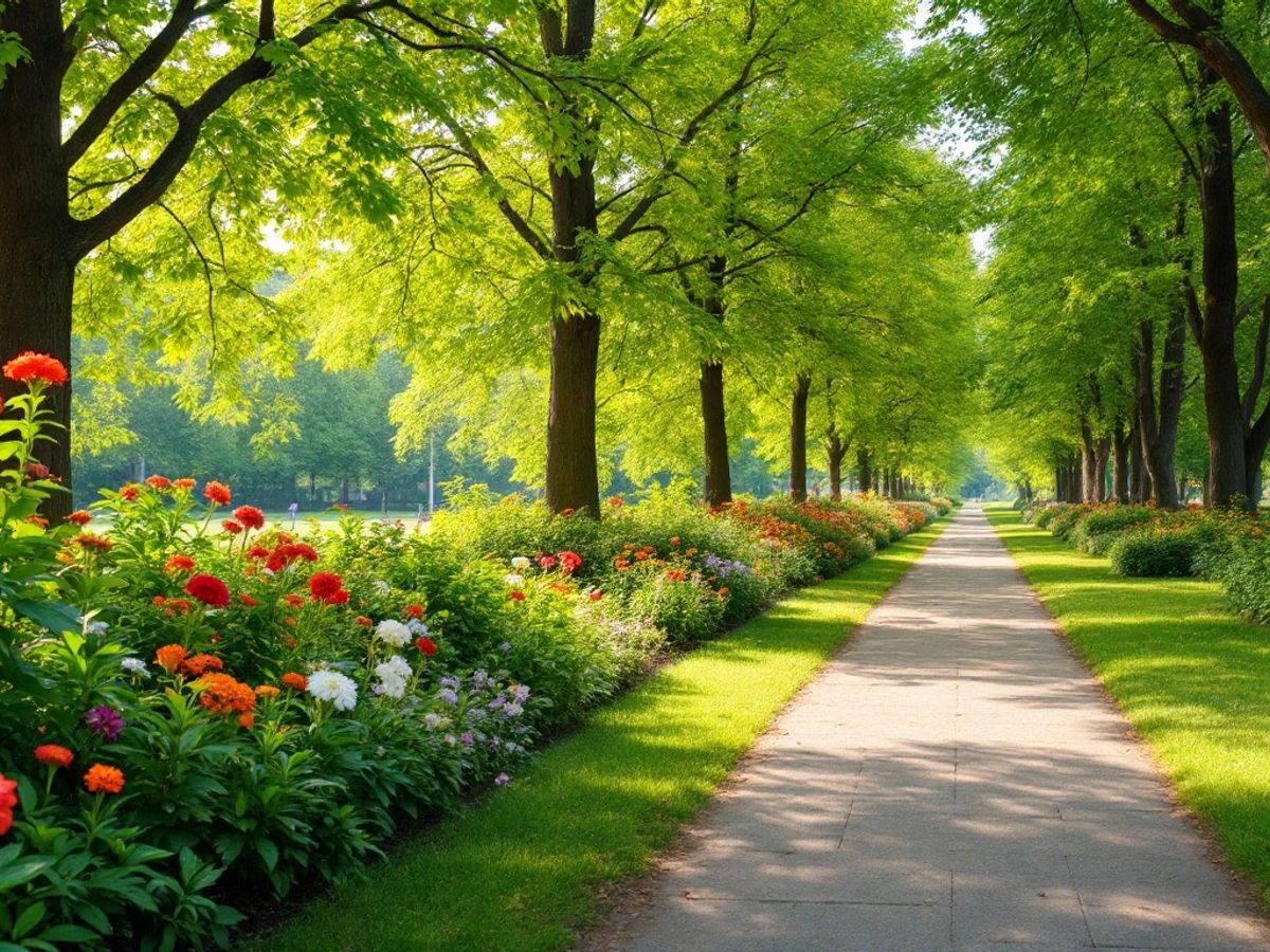 Parc verde cu flori și alei în București.