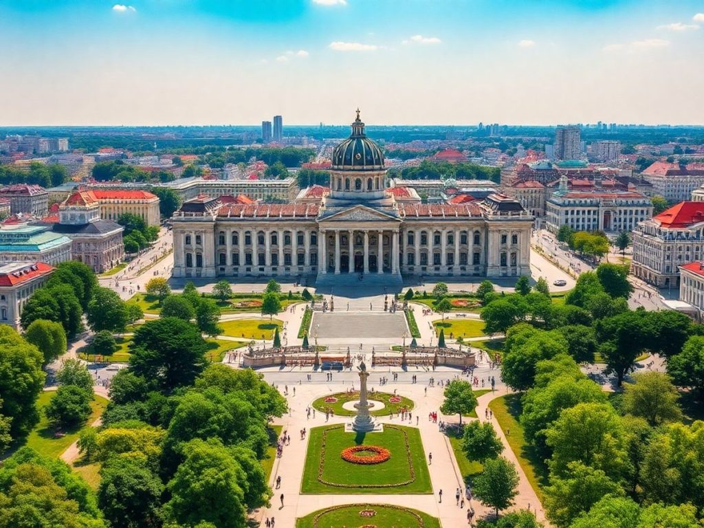 Peisaj urban din București cu clădiri emblematice.