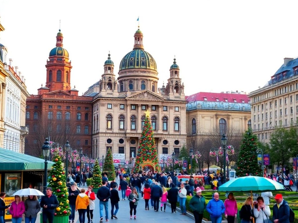 Peisaj urban din București, plin de viață și culori.