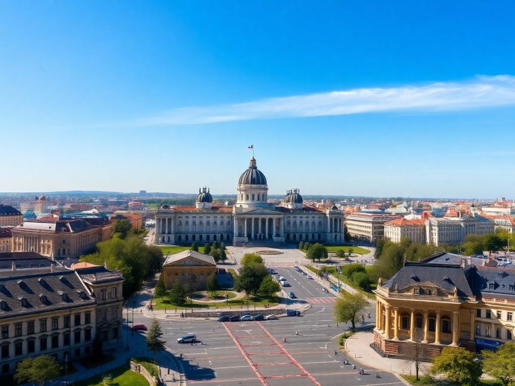 Peisaj panoramic cu Palatul Parlamentului în București.