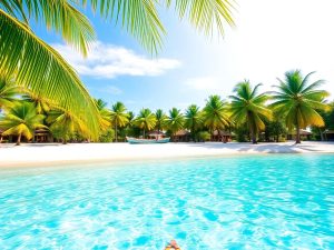 Plajă tropicală, palmieri, ape turcoaz, cer senin, barcă, nisip.