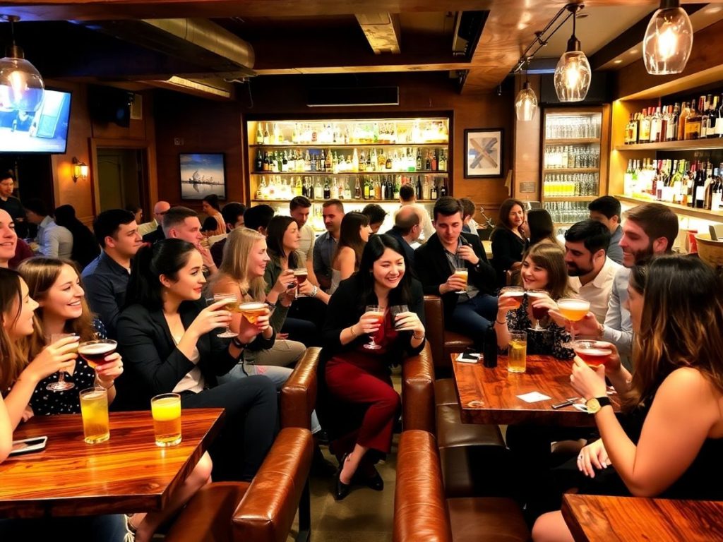 Oameni se distrează într-un bar plin de viață din București.