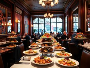 Farfurii cu mâncare delicioasă pe mese într-un restaurant.