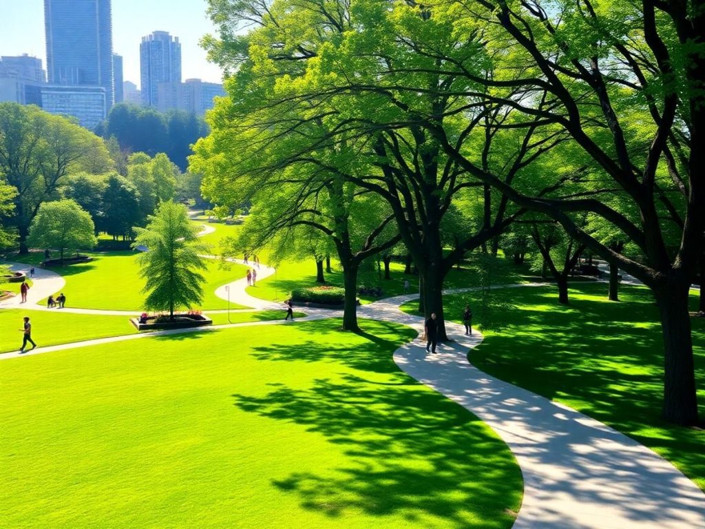 Parc urban verde cu alei și copaci.