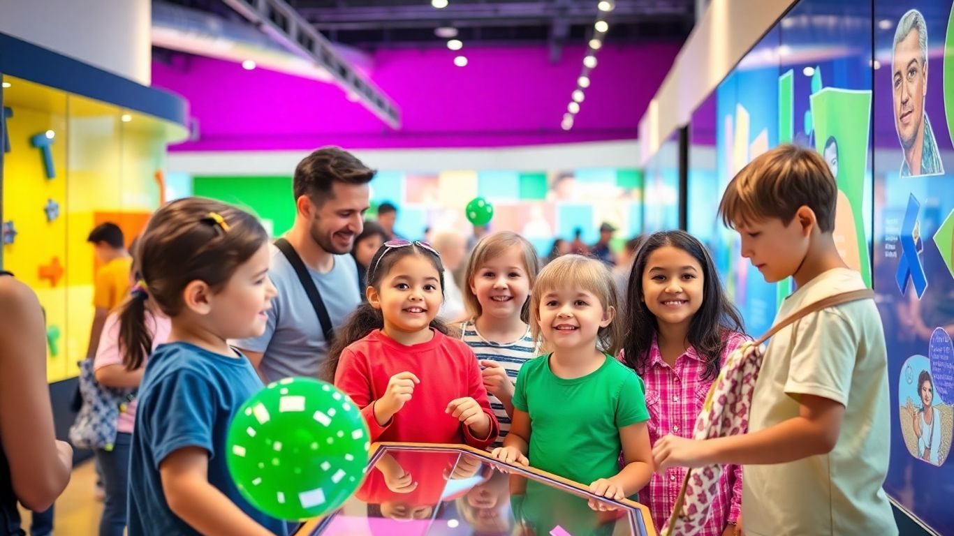 Copii și adulți la un muzeu interactiv din București.