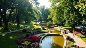 Parc București cu flori și copaci verzi