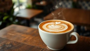 Cafea specială într-o ceașcă cu artă latte pe masă.